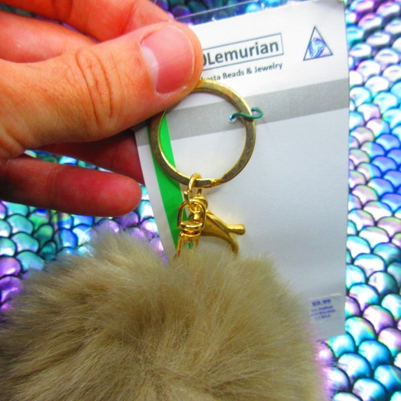 Pom Pom Keychain Puffball Tan With Gold Finish Findings - Picture 2 of 5